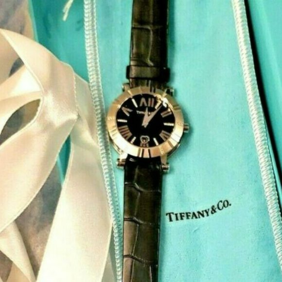 Ladies Tiffany & Co ATLAS WATCH 14K White Gold Diamonds Black Leather Band main image 8